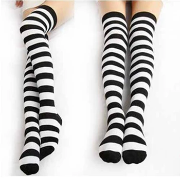 чорапи за cosplay, Черно-бели, шарени чорапогащи, чорапи прислужница в стил Лолита, Чорапи с червена и черна ивица