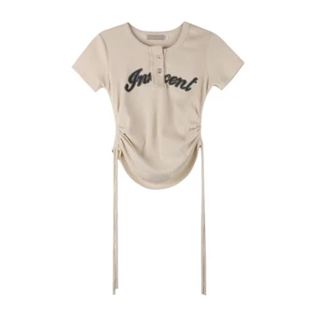 Нередовен дизайн BM drawstring с къс ръкав, V-образно деколте, риза с прави рамене, дамски лятна къса тениска sweet Spice Girl в американски стил