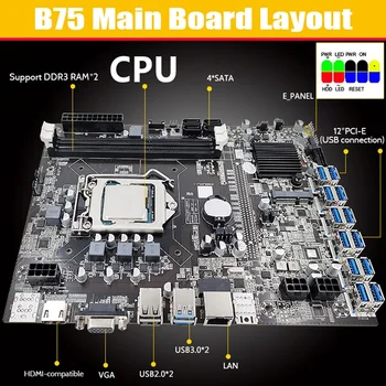 Дънна платка за майнинга B75 ETH 12 PCIE към USB + G540 CPU + Комплект отвертки + Кабел ключ + Кабел SATA дънна Платка с DDR3 LGA1155