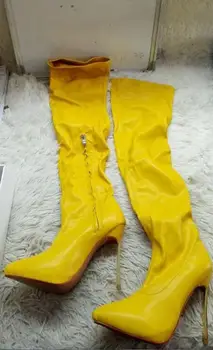 Истинската Фотография, женски жълти ботуши над коляното с остри пръсти, пикантен дамски ботуши на висок тънък ток със страничен цип, есенно-пролетно обувки