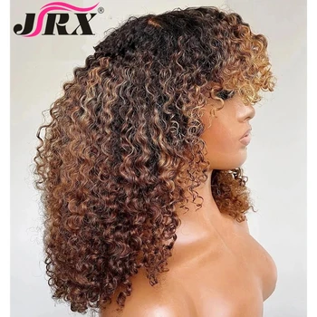 Изберете Светли Перу Афро Къдрава Къдрава Човешки косъм Перуки с Бретон Къса Къдрава Човешка Коса Remy Машинни Перуки за Жени
